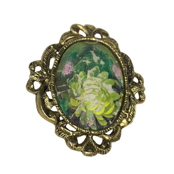 Vintage Goldtone Eggshell Brooch Pendant Rose Overaly 2.5" - Picture 2 of 8